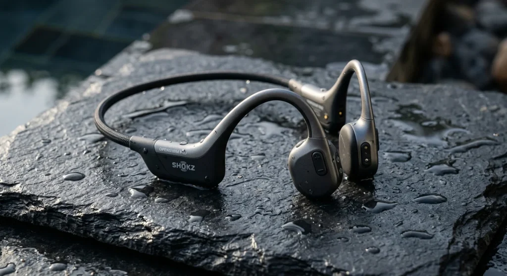 Open-ear bone conduction headphones engineered by a leading swimming audio equipment manufacturer for aquatic sports performance.