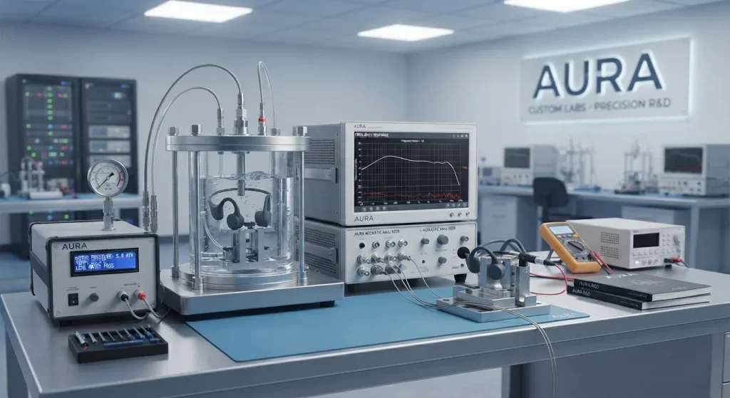 Digital water pressure testing equipment used for quality control of waterproof audio devices