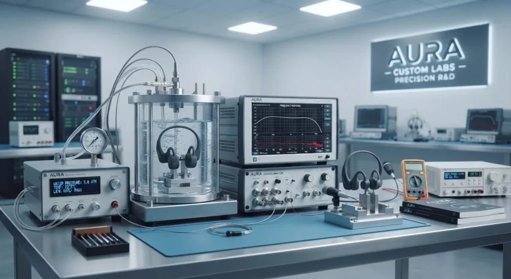 Detailed view of waterproof testing instruments for premium aquatic audio devices.