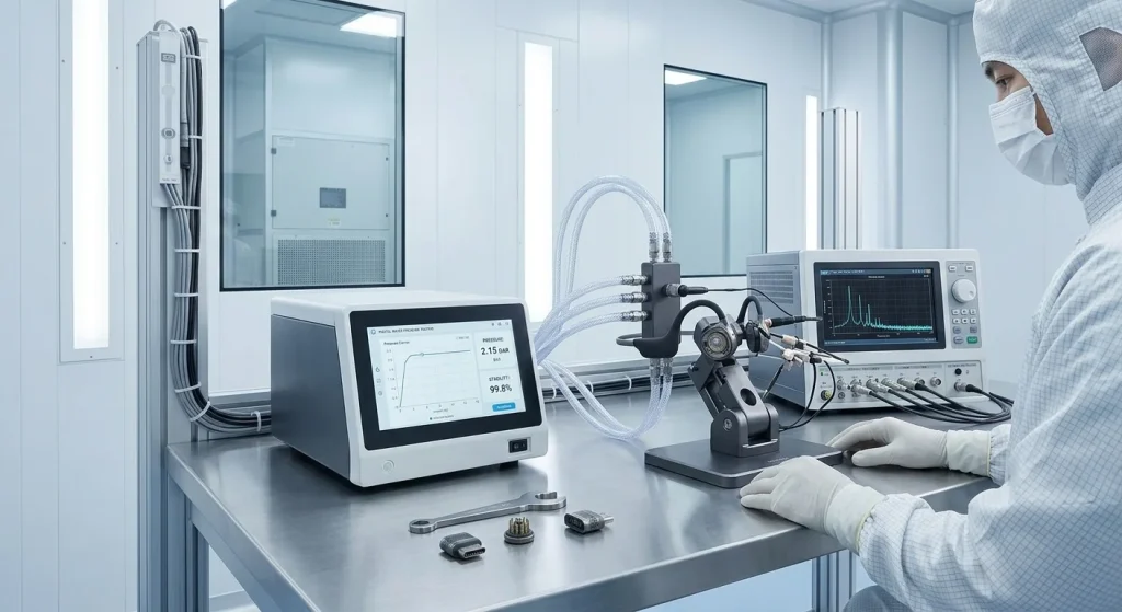 Detailed view of waterproof testing instruments for premium aquatic audio devices.