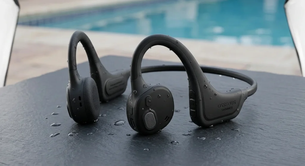 water-resistant swimming audio gear / ergonomic open-ear headset / aquatic sports wearable