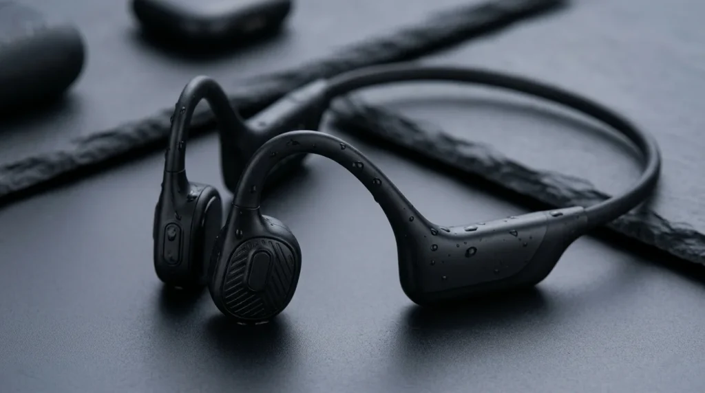 water-resistant swimming audio gear / ergonomic open-ear headset / aquatic sports wearable