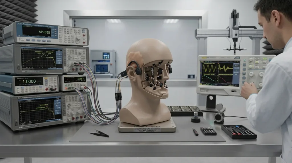 Open ear bone conduction headphone mounted on acoustic measurement fixture undergoing frequency response and sound leakage analysis