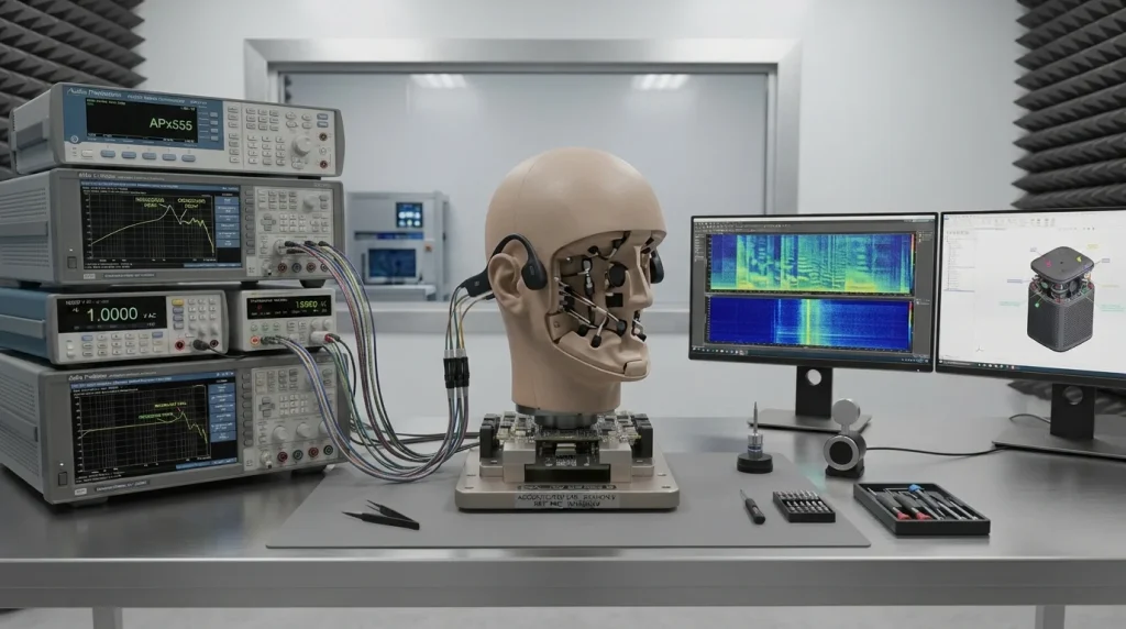Open ear bone conduction headphone on acoustic measurement fixture undergoing frequency response and sound leakage testing