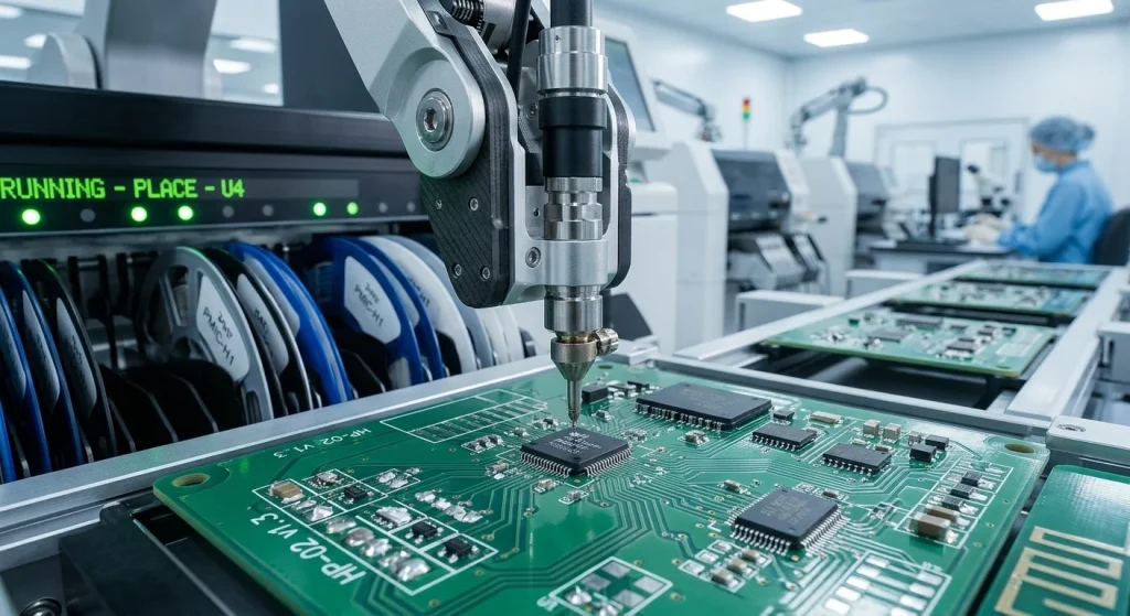 Precision automated SMT machine mounting integrated circuits onto audio printed circuit boards