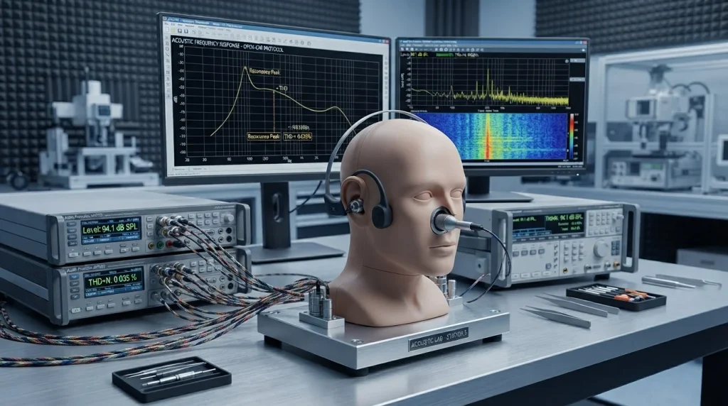 Audio testing fixture conducting digital signal processing and frequency response calibration on wireless sports headphones