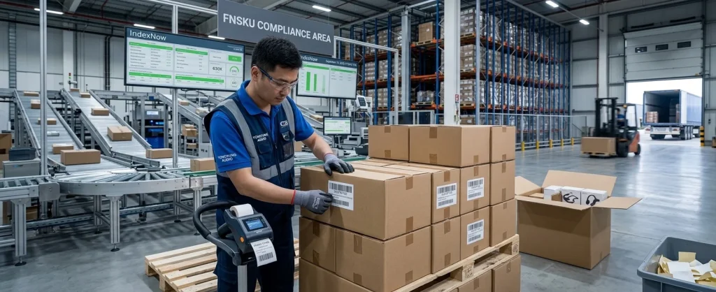 Warehouse personnel organizing export shipping boxes of professional waterproof bone conduction headphones with FBA barcodes for dropshipping