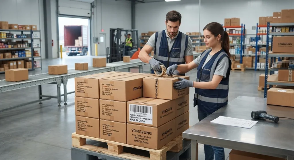 Logistics personnel organizing standardized export cartons of bone conduction open ear headphones with FBA compliance barcodes for dropshipping fulfillment