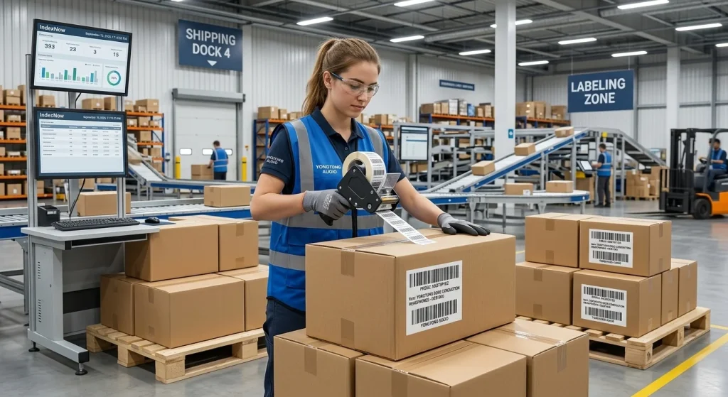 Warehouse operator preparing export cartons of custom branded bone conduction headphones with FBA barcodes for dropshipping fulfillment