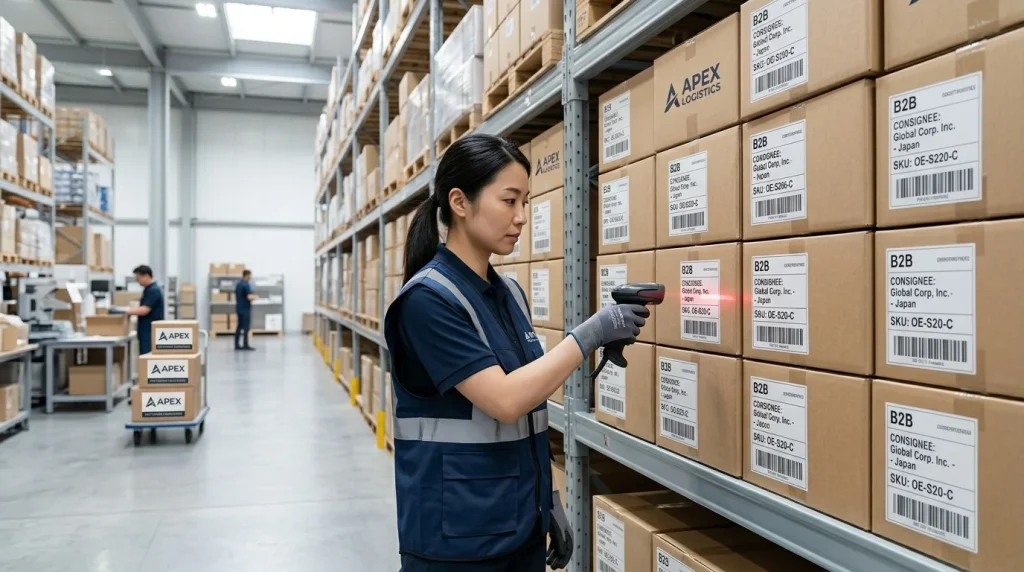 Logistics personnel organizing standardized export cartons of bone conduction open ear headphones with FBA compliance barcodes for dropshipping fulfillment