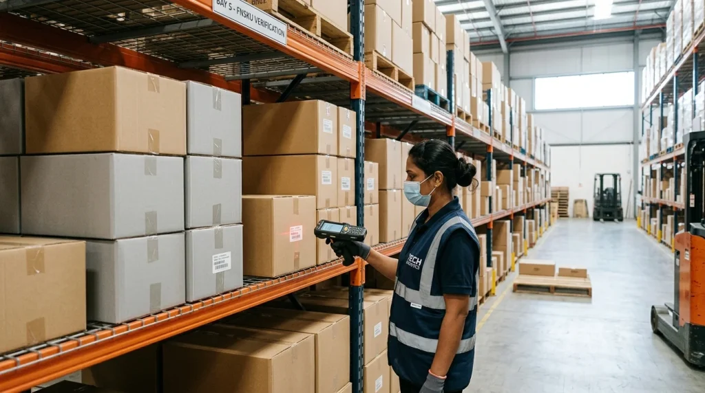 Logistics facility preparing cross-border dropshipping cartons with custom branding and barcodes