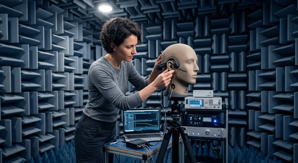 Anechoic chamber acoustic frequency test environment for verifying sports earphone audio performance