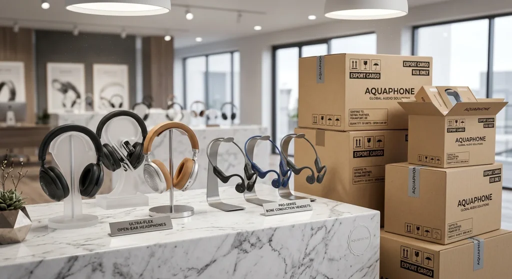 Audio product manufacturer China displaying open ear headphones and export cartons