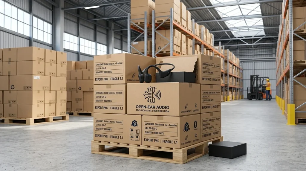 Wholesale export cartons of audio devices prepared by a professional bone conduction headphones OEM supplier for international shipping