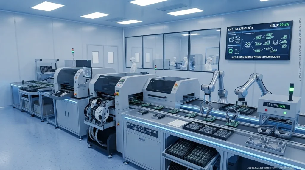 Automated electronic assembly line producing circuit boards for wireless Bluetooth headphones in a certified OEM factory