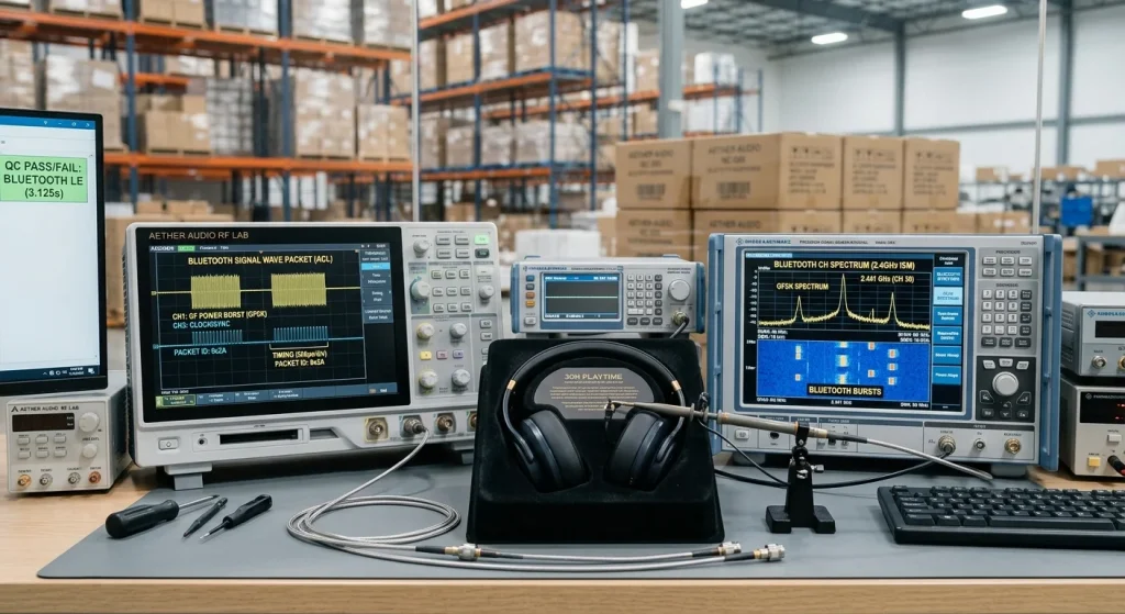 RF spectrum analyzer verifying Bluetooth advertising signal and firmware broadcast string integrity