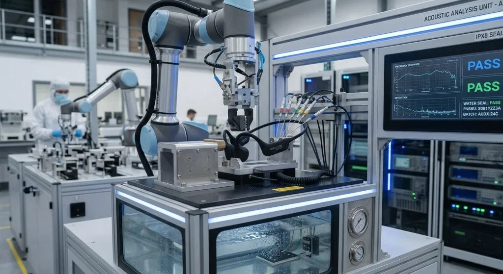 Modern audio manufacturing facility testing open ear bone conduction headsets on automated acoustic measurement rigs