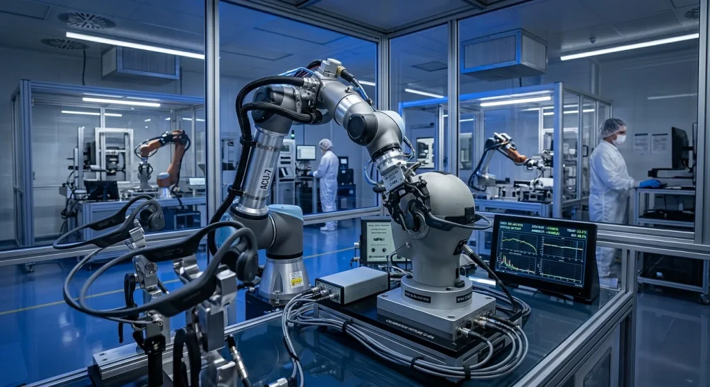 Modern audio manufacturing facility testing open ear bone conduction headsets on automated acoustic measurement rigs