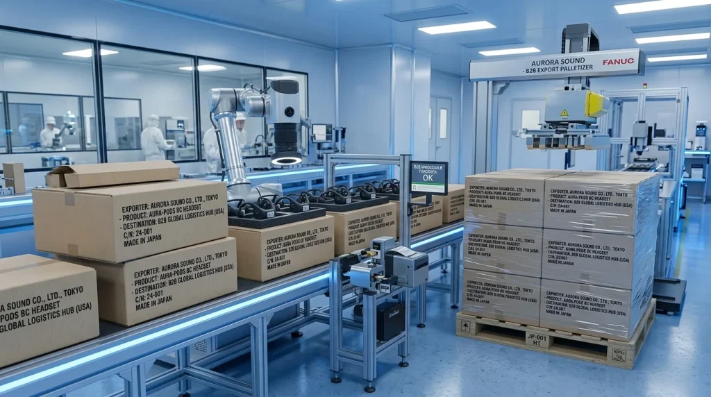 Neatly stacked export cartons of open ear bone conduction headphones prepared for global B2B bulk shipment