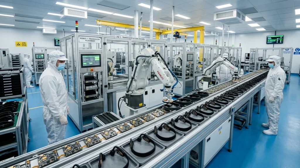 Modern cleanroom assembly line inside a bone conduction headphones factory producing open-ear headsets