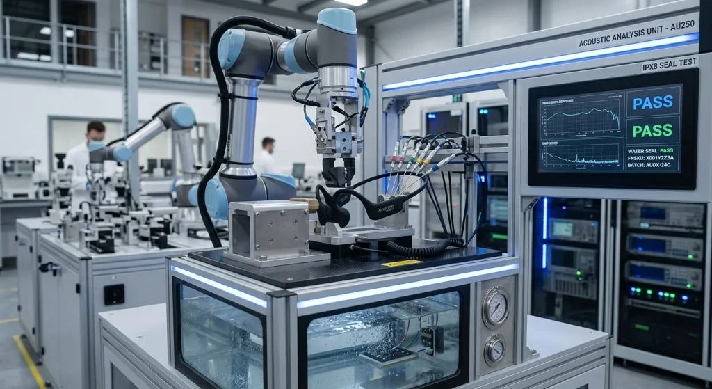 Sleek black open ear bone conduction headphones placed on an automated acoustic testing fixture in a modern electronics assembly facility