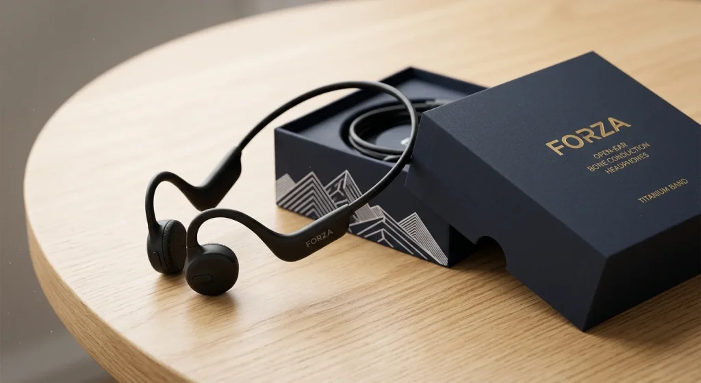 Private label bone conduction headphones manufacturer showcasing custom branded retail packaging and open-ear wireless headphones