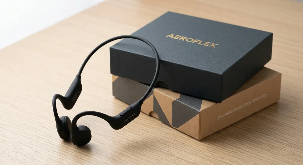 Private label bone conduction headphones manufacturer showcasing custom branded retail packaging and open-ear wireless headphones
