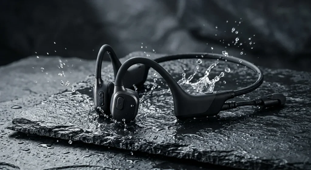 Open ear wireless headset on stone display engineered by a bone conduction headphones manufacturer China for global sports audio brands.