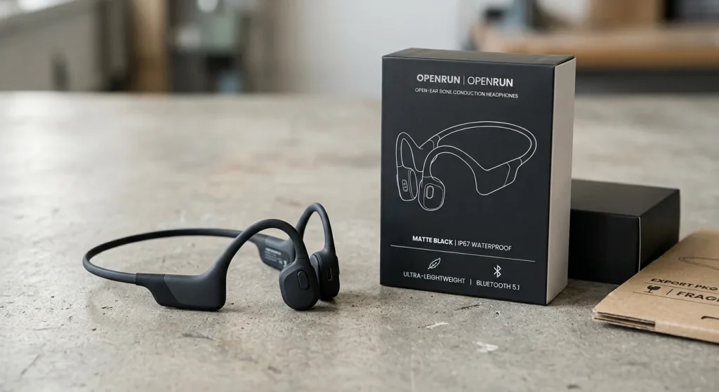 Open-ear bone conduction headphones displayed beside export packaging for B2B sourcing
