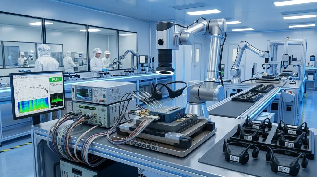 Automated acoustic measurement rigs testing open ear bone conduction headsets inside modern manufacturing facility