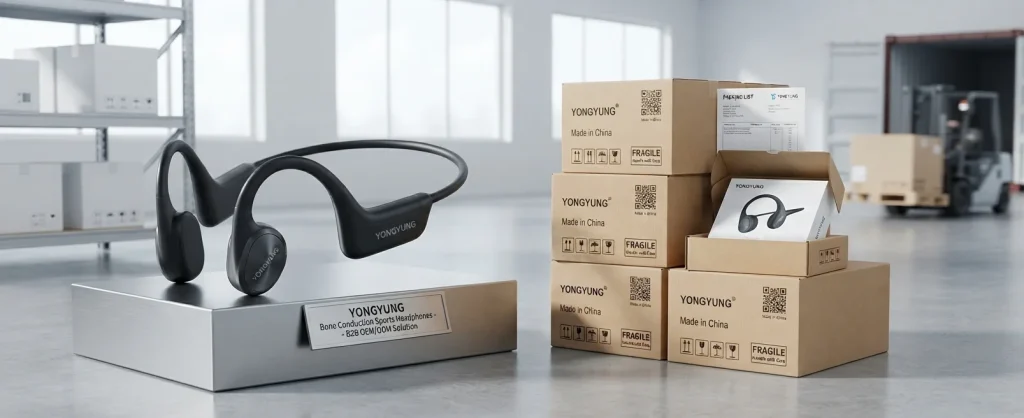 Export ready cartons of open ear audio devices prepared by a reliable bone conduction headphones bulk supplier for international shipping