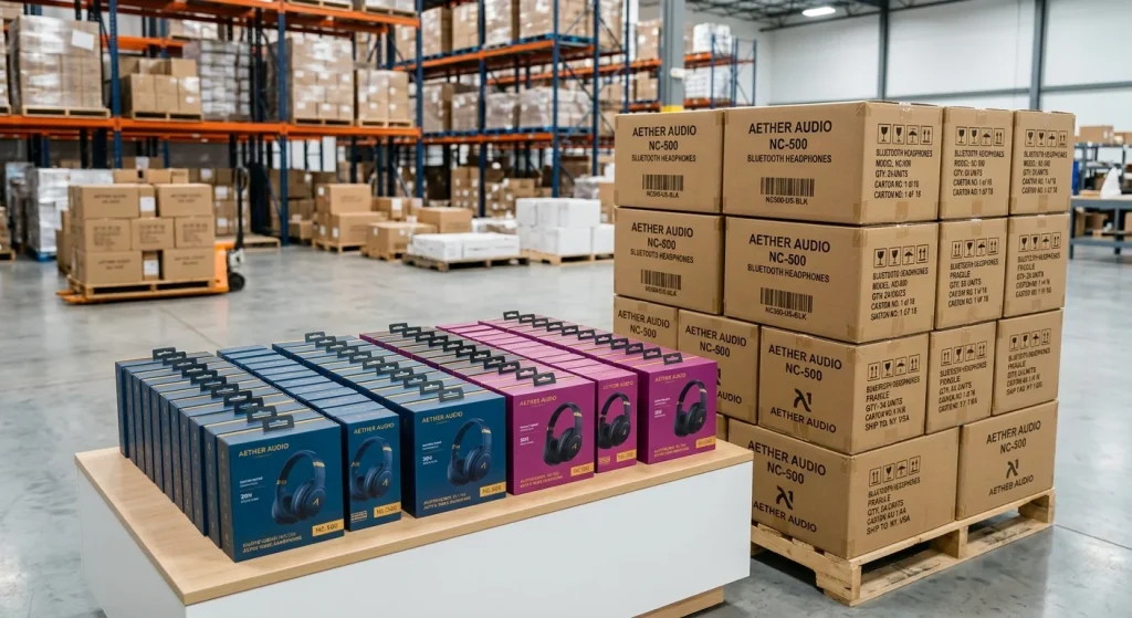 Branded bluetooth headset packaging design cartons prepared for B2B export shipment