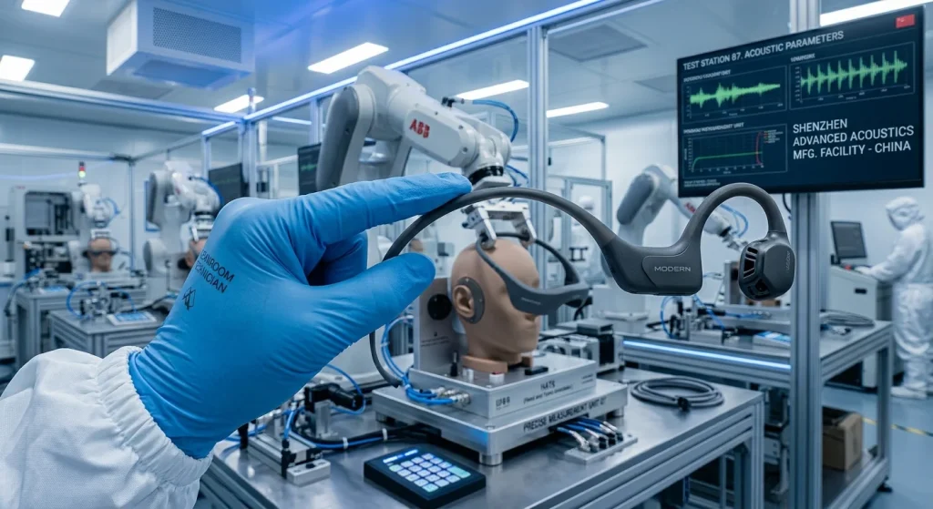 Modern audio manufacturing facility testing open ear bone conduction headsets on automated acoustic measurement rigs