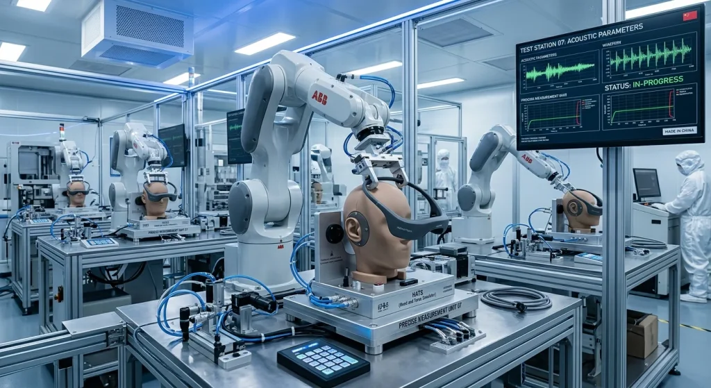 Modern audio manufacturing facility testing open ear bone conduction headsets on automated acoustic measurement rigs