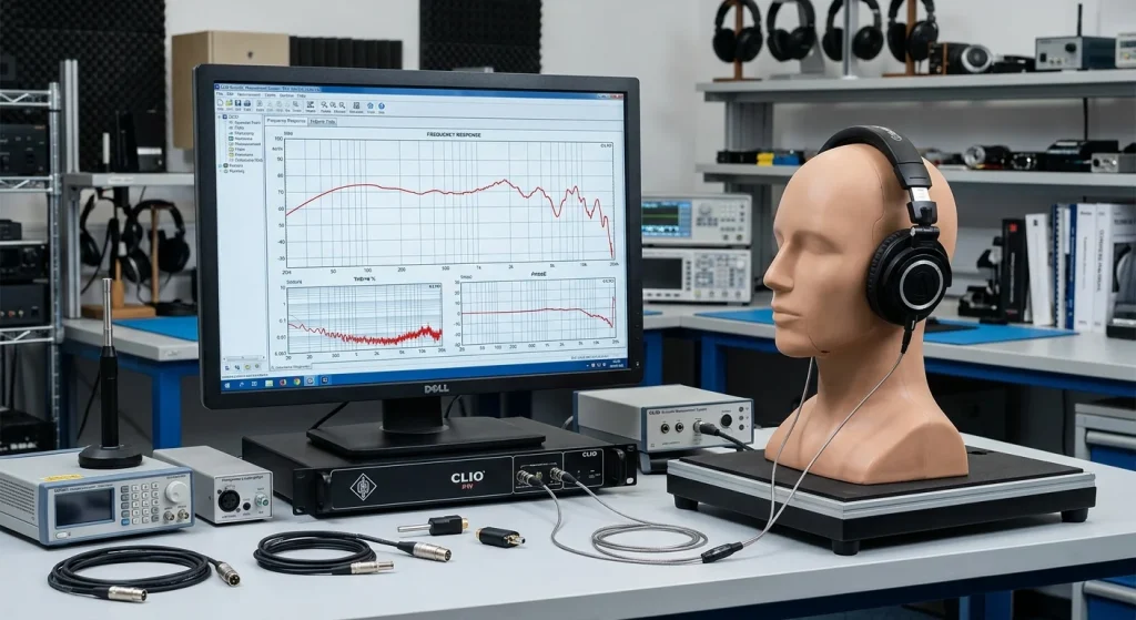 Clio acoustic measurement system verifying frequency response curves for wireless headsets