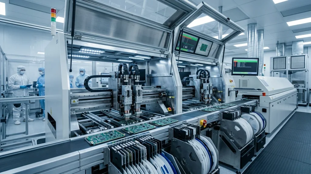Automated SMT pick and place machine placing micro components on printed circuit board assembly line in cleanroom facility