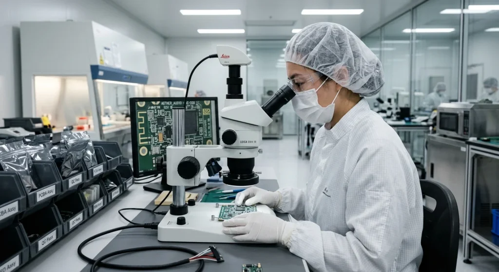 Electronic engineer inspecting Bluetooth audio circuit board assembly during custom headphone manufacturing