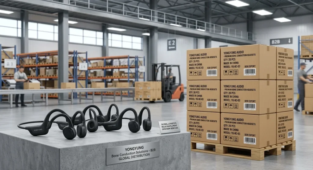 Export ready shipping boxes of open ear headsets engineered by a custom bone conduction headphones manufacturer for global delivery