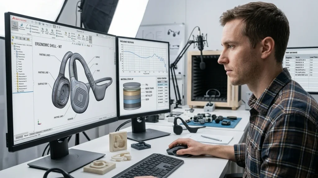 Industrial designer reviewing 3D ergonomic CAD housing model for custom headphone manufacturing