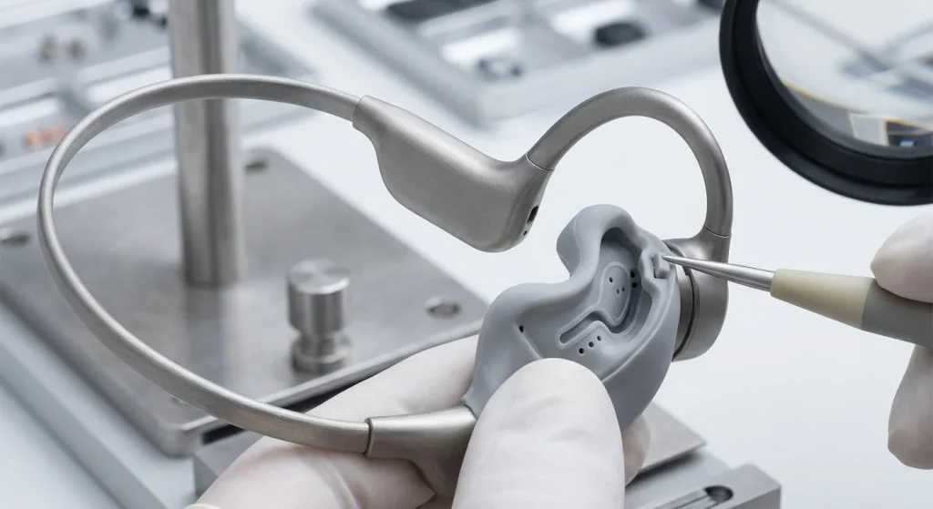Technical assembly of custom molded silicone ear pads on ergonomic bone conduction headphone housing