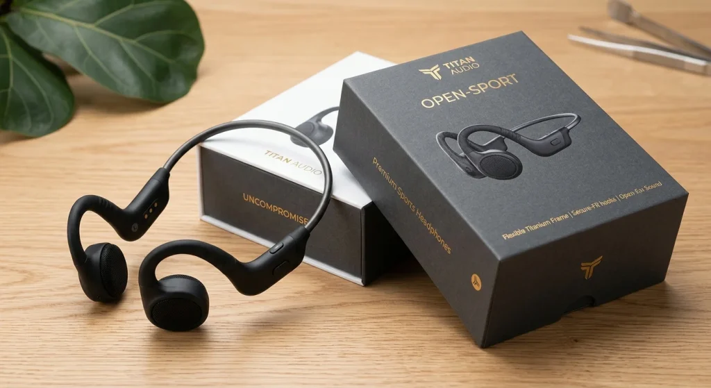 Custom sports headphones manufacturer displaying secure-fit wireless fitness audio and retail packaging