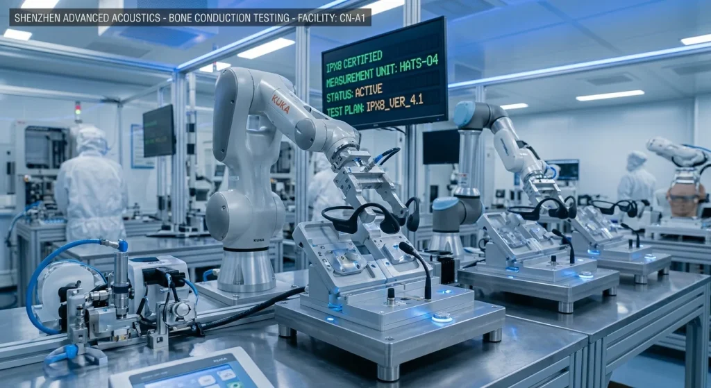 Modern audio manufacturing facility testing open ear bone conduction headsets on automated acoustic measurement rigs