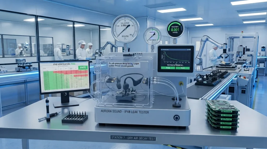 Quality control operator subjecting swimming headphone enclosures to positive air pressure decay testing for IPX8 sealing verification