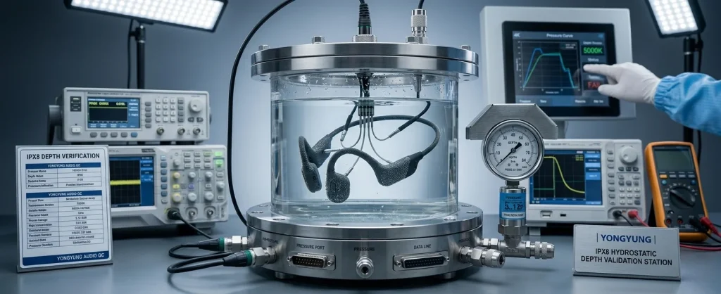 Laboratory pressure chamber performing submersion testing on ipx8 bone conduction headphones for swimming durability verification
