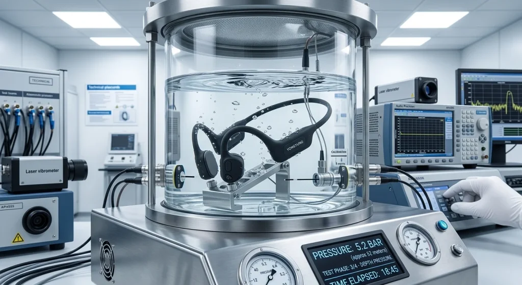 Specialized laboratory pressure chamber testing ipx8 bone conduction headphones for swimming durability verification