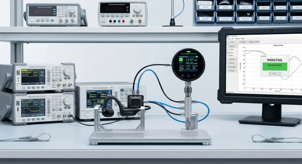 Automated air pressure differential testing station verifying enclosure sealing for ipx8 bone conduction headphones.