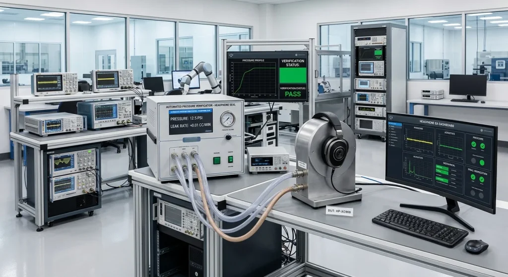Automated pressure differential testing system verifying structural sealing for ipx8 bone conduction headphones.