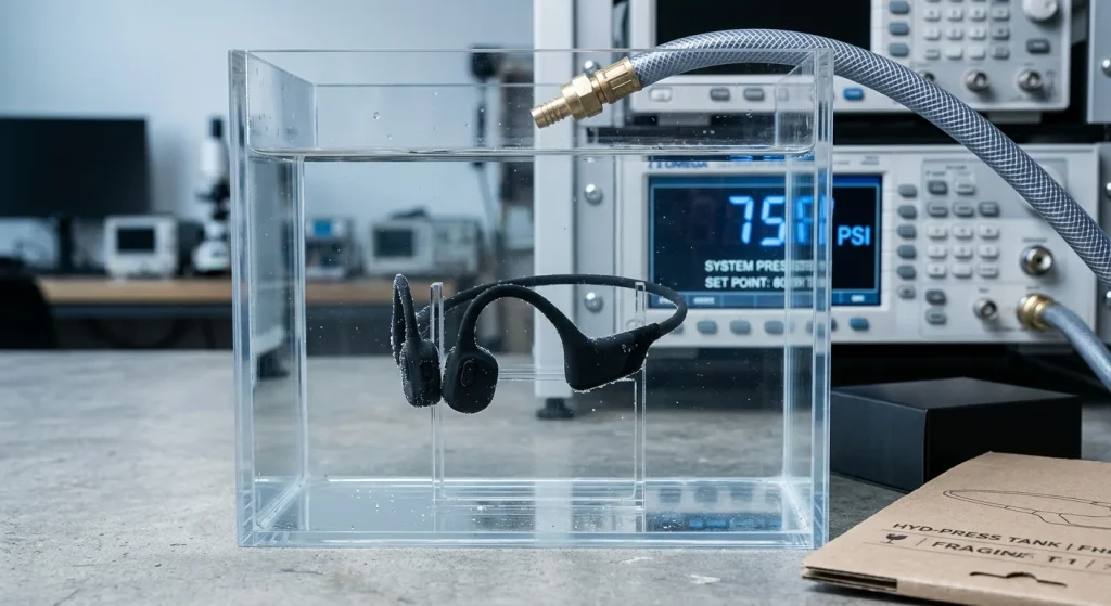 Submerged waterproof bone conduction headphones undergoing pressure testing in a quality control chamber