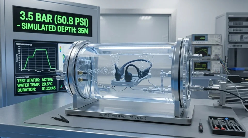 Waterproof swimming bone conduction earphone undergoing hydrostatic pressure testing inside a transparent water chamber