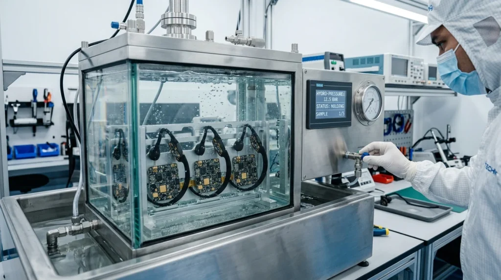 Waterproof swimming bone conduction headphones submerged in a pressure testing chamber during quality control
